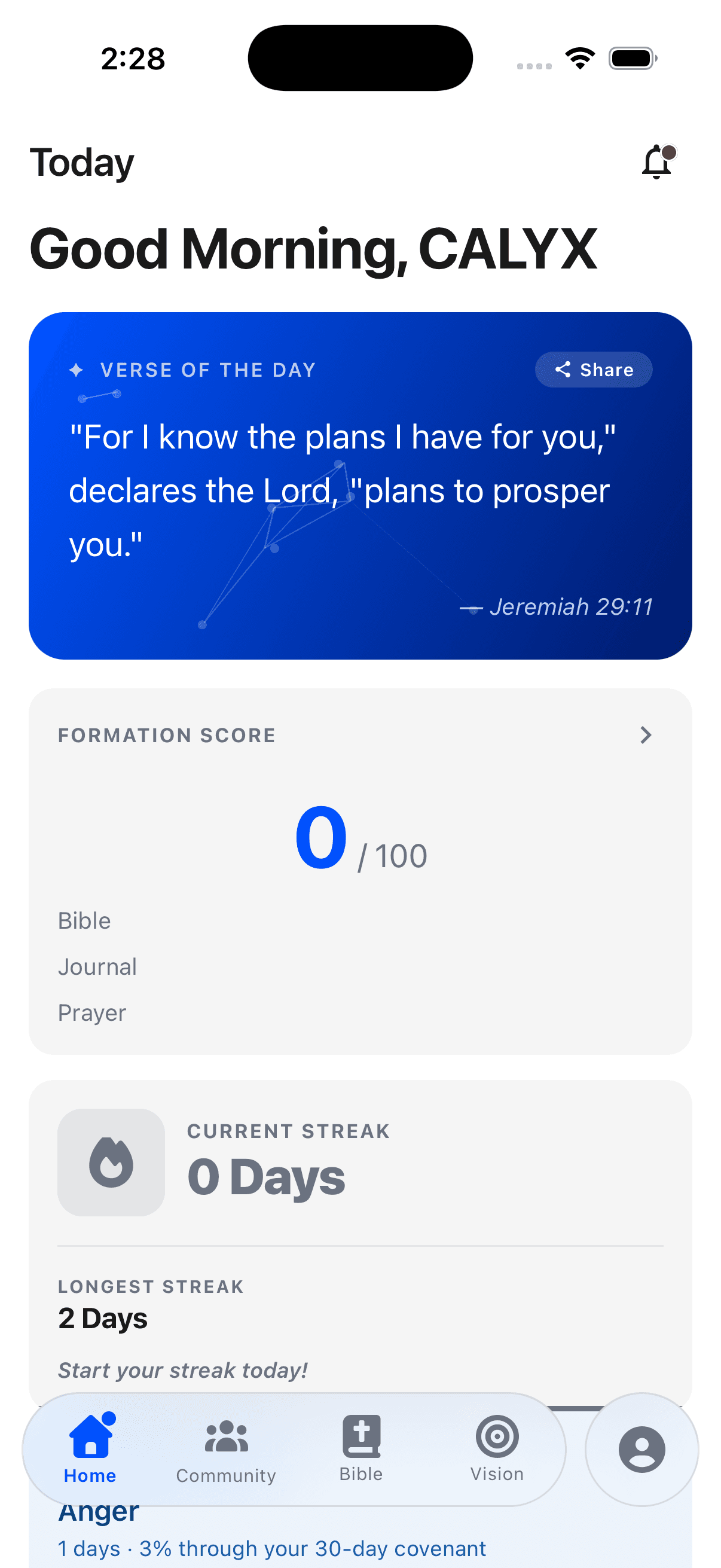 The IshGospel home screen — verse of the day, formation score, and streak